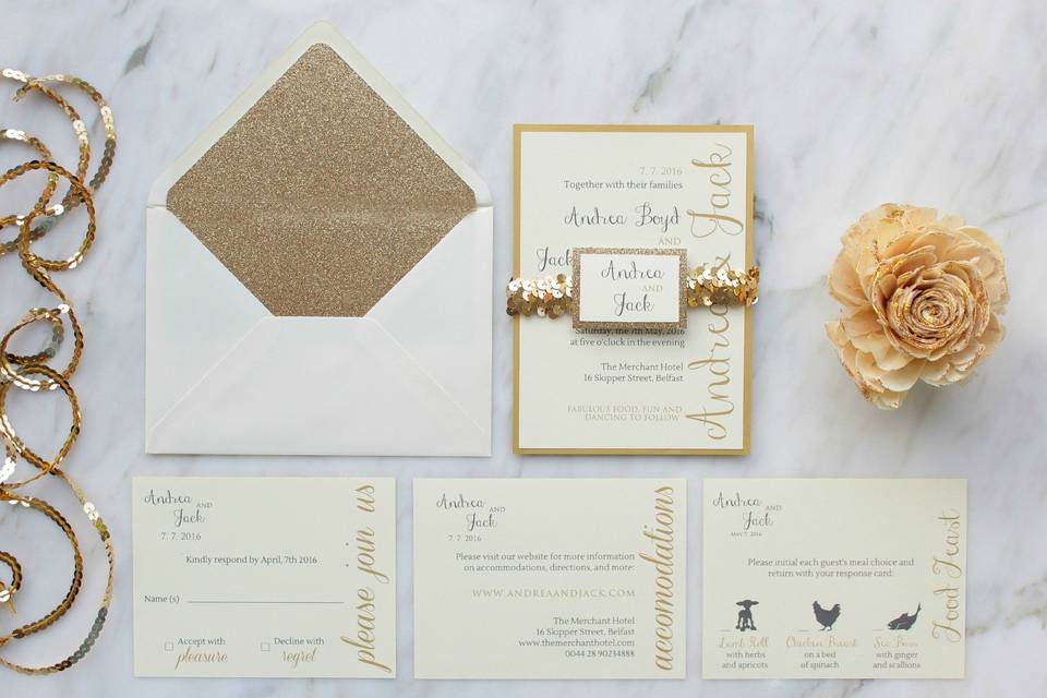 Exclusive Gold Glitter Invitation Suite The gold glitter invitation suite marries luxury and modern elegance at a sensible price.Included in the invitation package bundle are:• Double layered ceremony card with gold shimmer backing 12 x 18 cm (5 x 7 in) • Response card/RSVP 11 x 14 cm (4.25 x 5.5 in)• Food choice card which is separate or printed on the back of the response card 11 x 14 cm (4.25 x 5.5 in)• Lange overall envelope A7 blank• Response card envelope A6 with return address printed• Belly band made of metallic sequin paillette ribbon, personalized with bride and groom's names and wedding date as shown on the pictures If you need a different quantity from the provided options, you can calculate the cost using the following price points and request a custom order. Quantity 1- 50  - £2.70Quantity 1-100 - £2.60Quantity 1-150 - £2.50http://lovestoreyweddings.com/wedding-stationery/invitation-suites/gold-glitter-invitation-suite