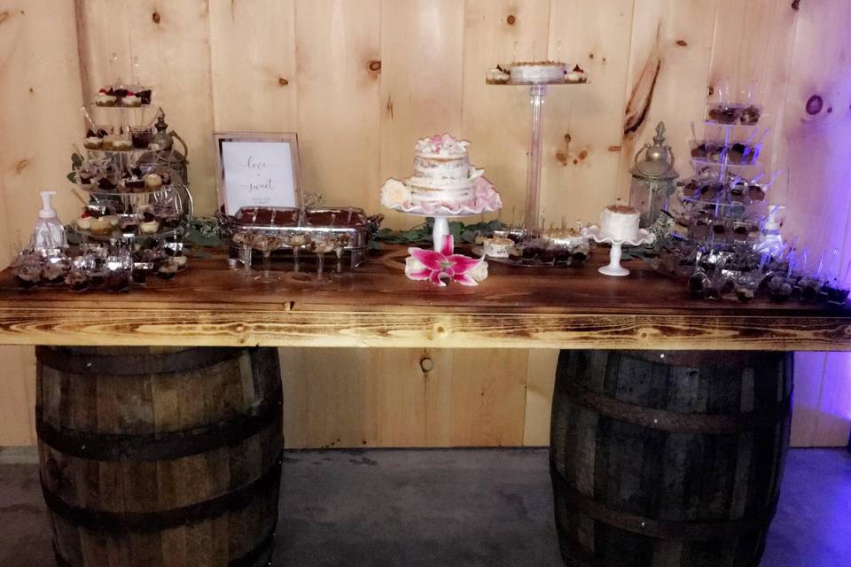 Dessert station with mini wedding cake