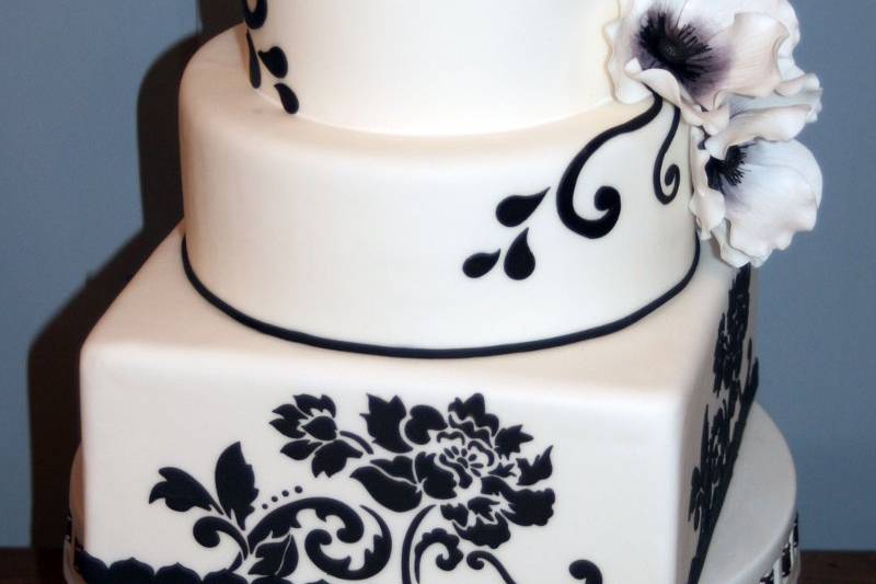 Stenciled Balcka nd White fondant cake with sugar anemones