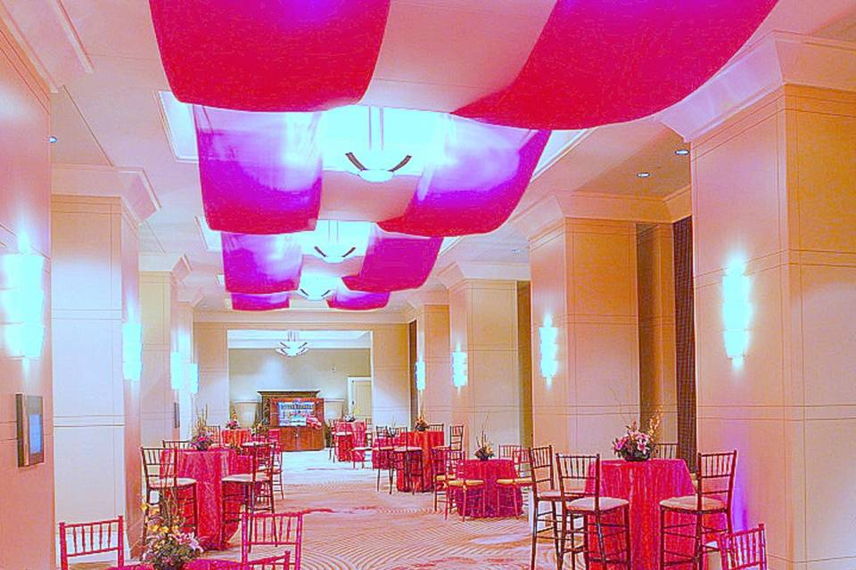 Pink reception table and ceiling decor