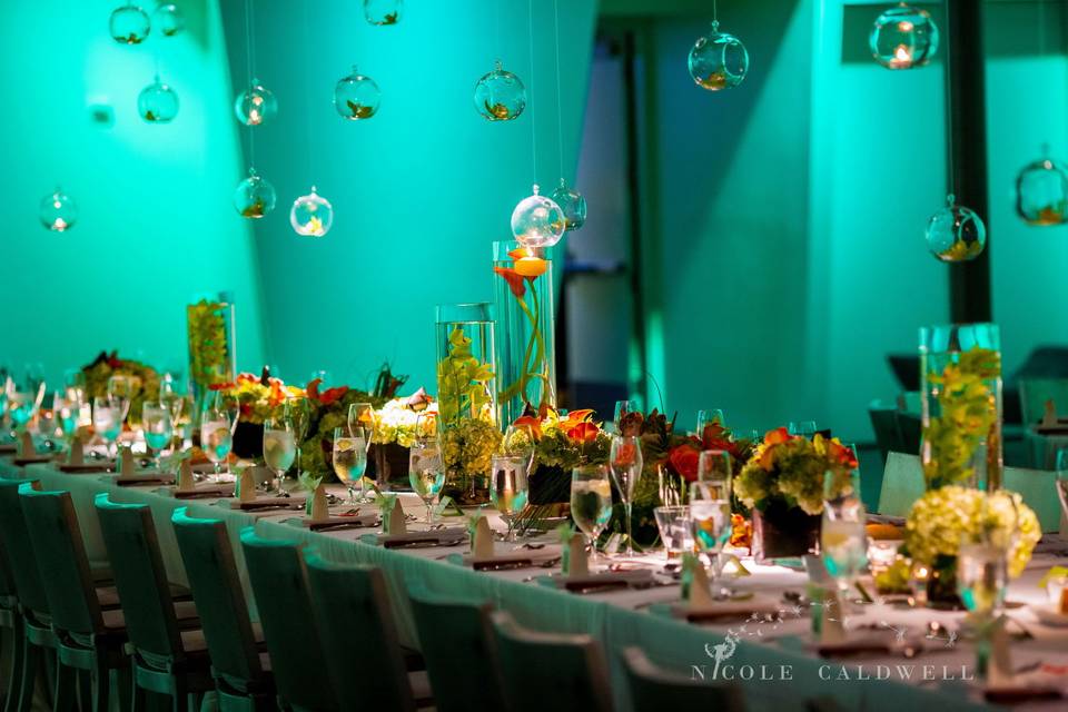 Head table with hanging glass globes