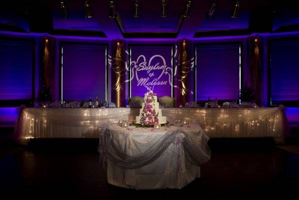 Uplighting and name in lights option behind the head table.