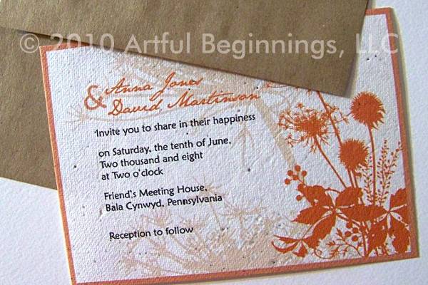 Eco-friendly wedding invitation on handmade plantable seeded paper with recycled grocery bag envelope.