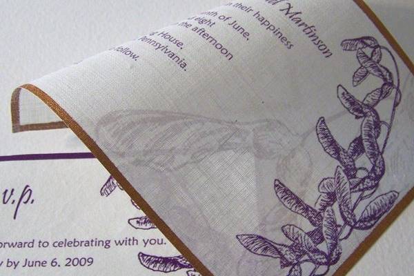 Cloth wedding invitation, digitally printed on 100% Belgian linen fabric. Handpainted bronze metallic border.
