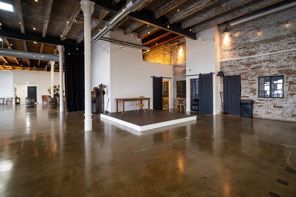 Expansive whitewashed brick main hall