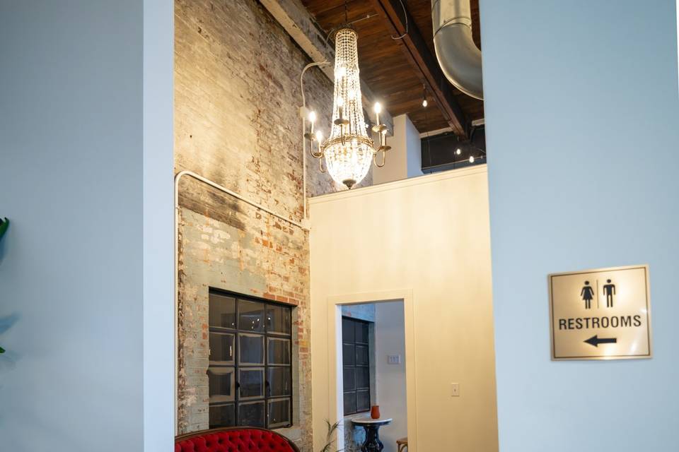 Chandelier lounge with tile floors