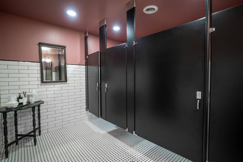 Stylish restroom with subway tile
