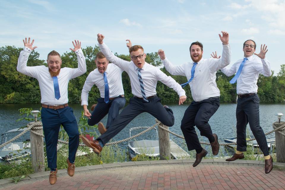 Fun photo with Groomsmen at Water Edge Lighthouse, Schenectady NY