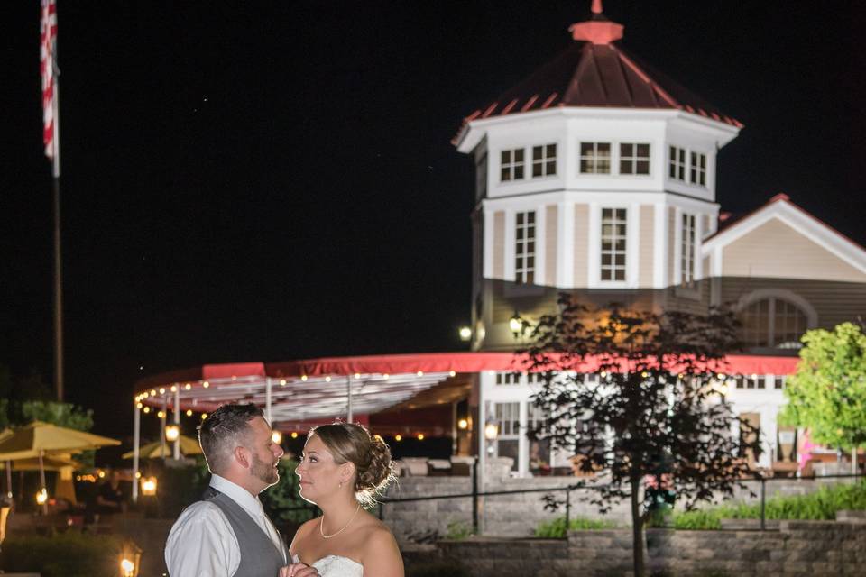 Nighttime shot during the wedding reception at Waters Edge Lighthouse, Schenectady NY
