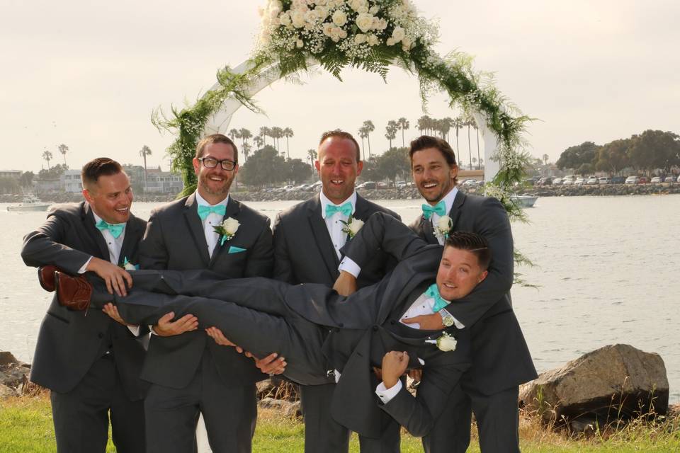 Groom men hanging