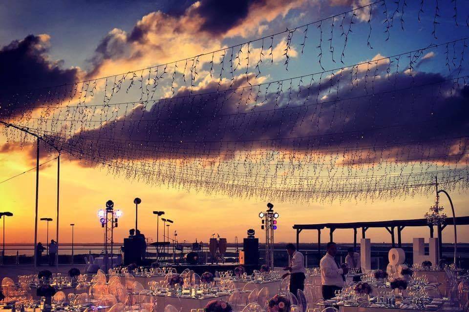 Wedding reception at terrace with a sunset view