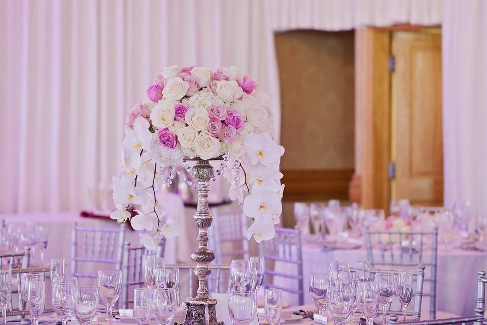 Chandelier over table and centerpiece