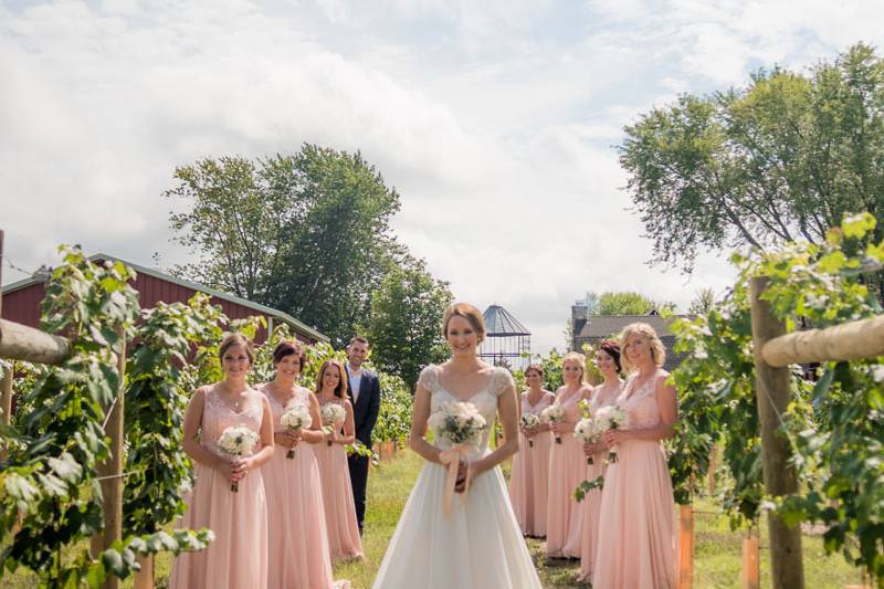 Bide in white and bridesmaids in pink