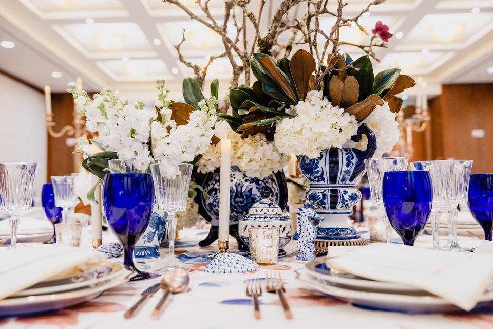 Blue and white centerpiece