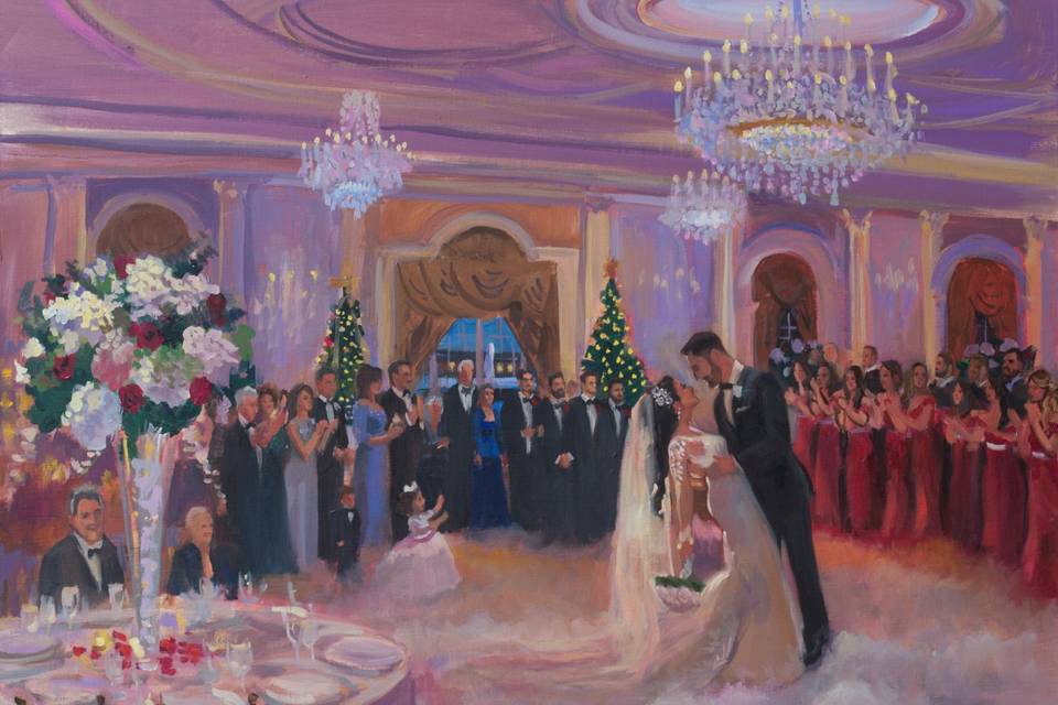 The groom dipping the bride during their first dance, while parents of bride and groom look on and guests mingle. This painting is 24 x 30