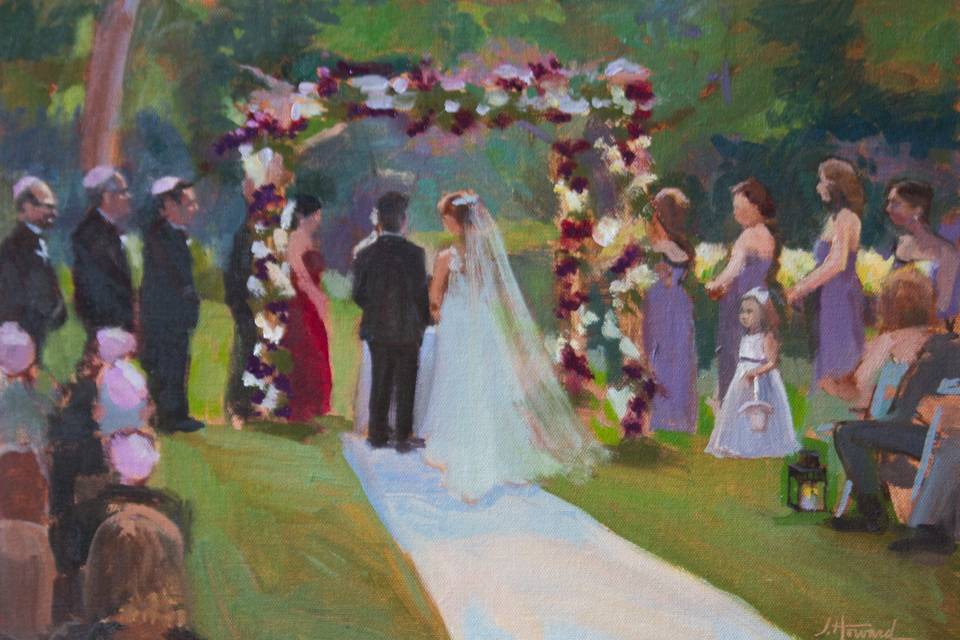 Outdoor ceremony painting with bridal party, created at the wedding and finished on location.