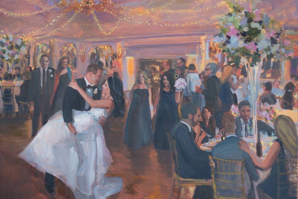 The groom dipping the bride during their first dance, while parents of bride and groom look on and guests mingle. This painting is 24 x 30