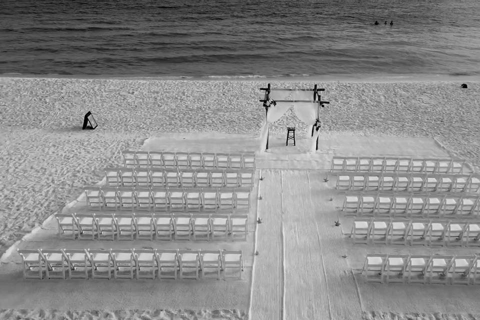 Arial view of beach wedding
