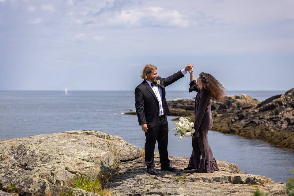 Maine elopement charcoal dres