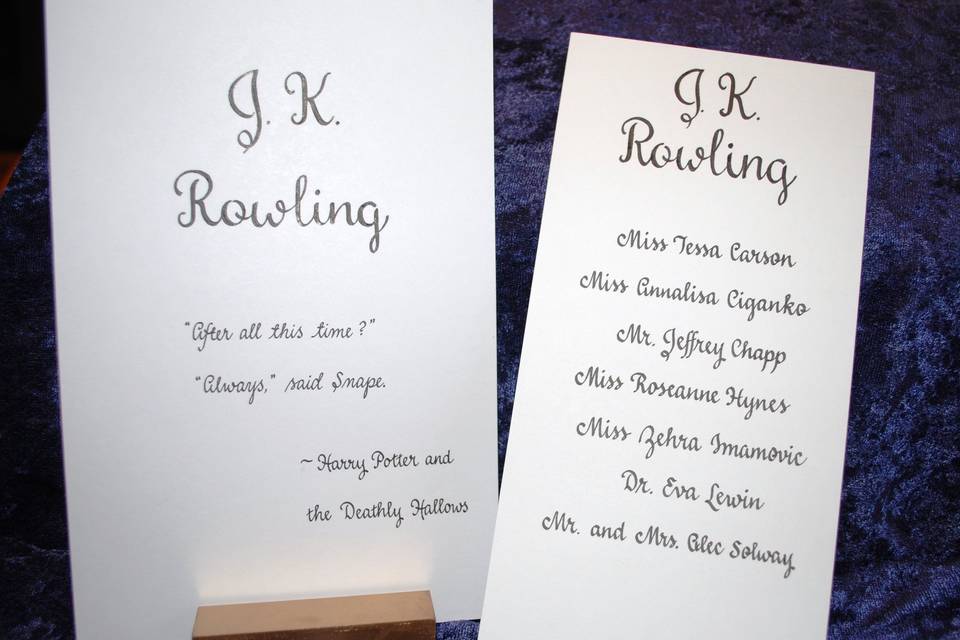 Table cards, modern script