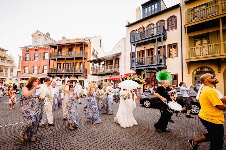 Rosemary Beach, Florida - Rewind provided live ceremony music on the beach, a New Orleans style Second Line Parade (pictured here) to from the beach to the venue, and Rewind provided reception entertainment in the Town Hall.