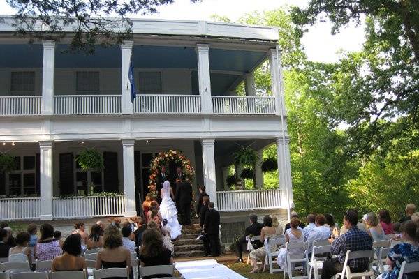 Wedding ceremony on front steps of Woodburn