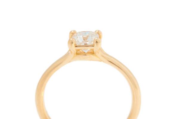 This 18k royal gold engagement ring by Kevin Main Jewelry features a .91ct M.K. ideal square cut Forevermark diamond (G SI2). This Canadian diamond was mined and cut in North America, then set into design by Kevin Main in California. Rare, beautiful, and responsibly sourced. Certified number 701113.