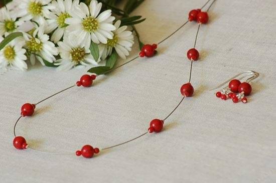 Spaced Red Coral Necklace & Red Coral Earrings