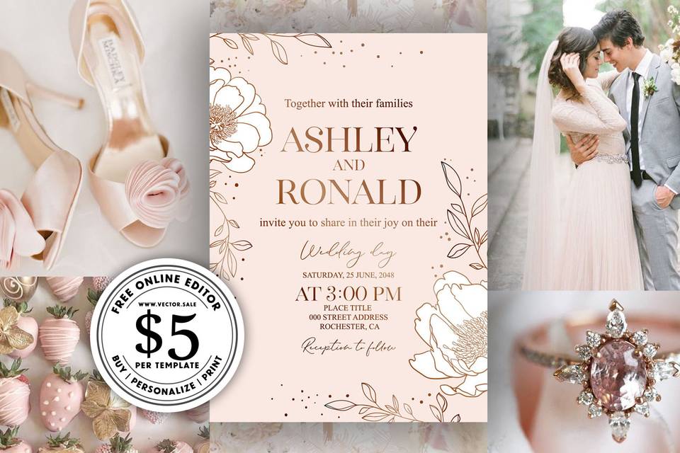 Peony pink wedding invitation