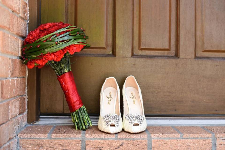 Bride's shoes and bouquet