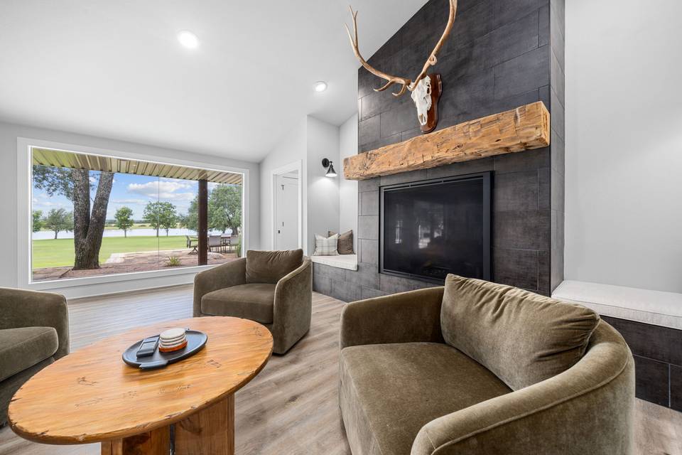 Fireplace with lakeside view
