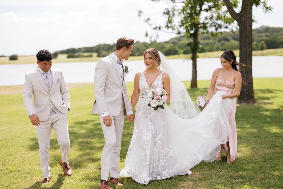 Lakeside lawn bride and groom