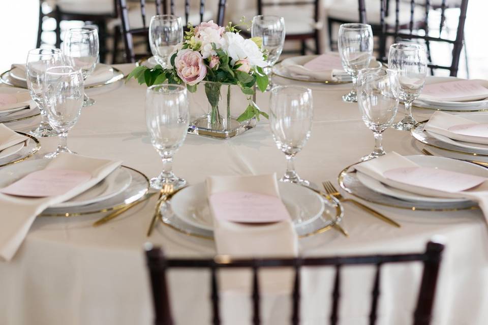 Decorated tables and fireplace