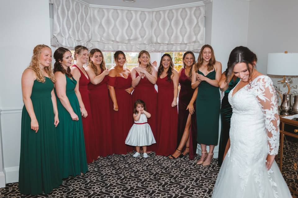 First look with bridesmaids
