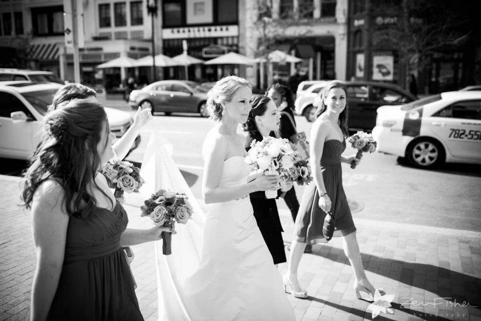Bridal party walking the streets