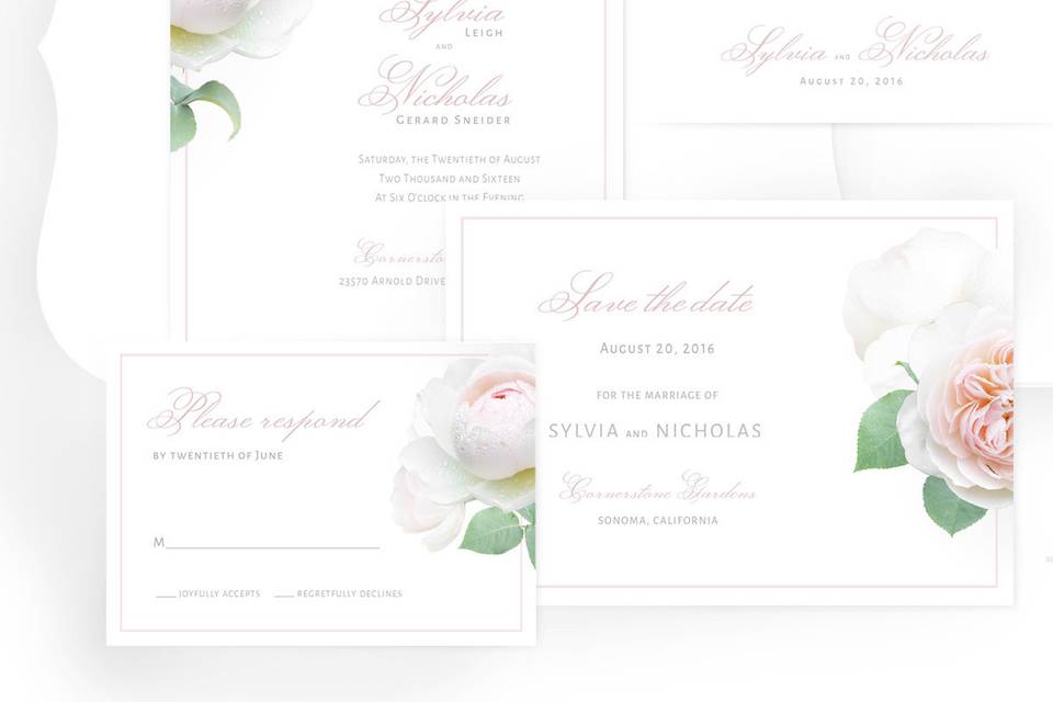 Pink garden rose wedding suite’s elegant floral design, printed on Classic Crest Solar White cover stock, sets up an uplifting tone for your weeding day and celebrates the beauty of the moment.