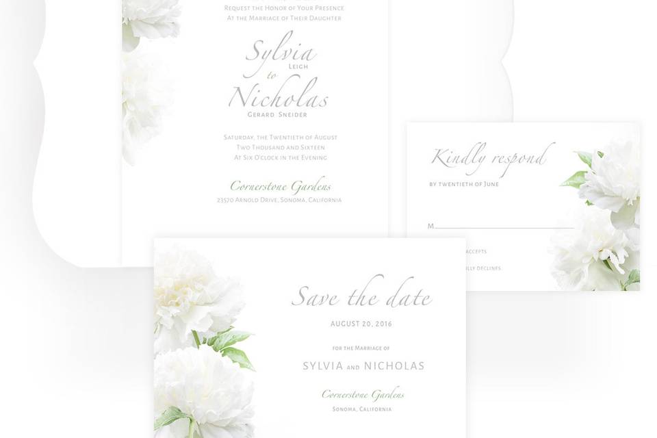 This Wedding Suite's White Peonies motif symbolizes the flourishing beauty and bountiful unity of the couple. Printed on Classic Crest Solar White cover stock.