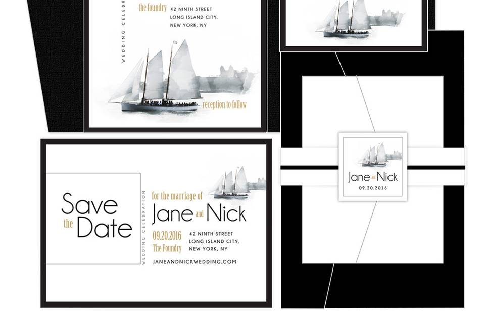 Wedding suite includes pocket-folder, invitation and save the date, printed on Crest Solar White 130lb cover stock. Complimentary matching envelopes are made of Metallic Onyx (black shimmer) stock. Personalized belly bands are included.