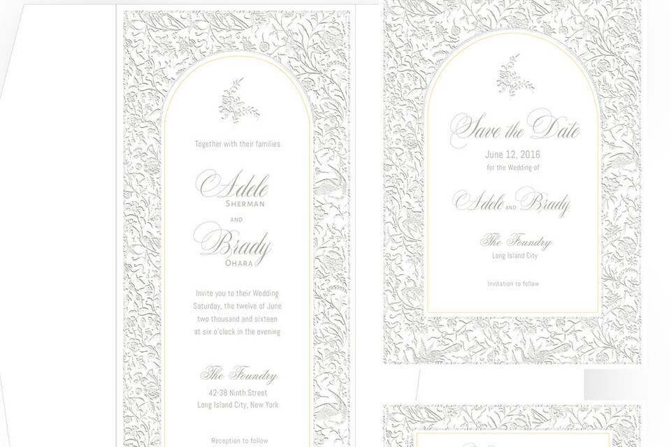 Ornamental Arch Wedding Suite includes pocket-folder, invitation, save the date and RSVP cards, printed on Crest Solar White cover stock.