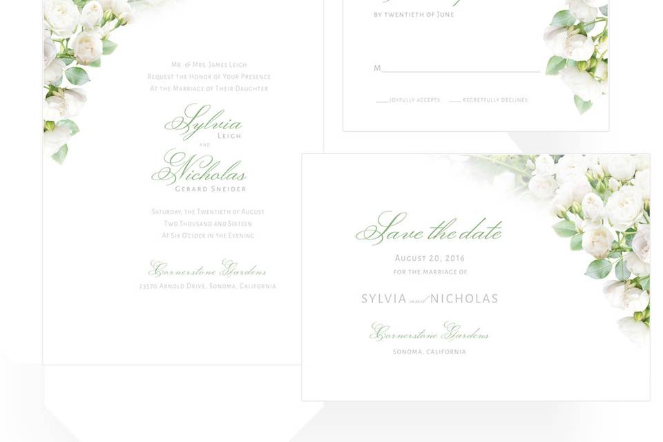 White Rose Garden Wedding Suite’s elegant design, printed on Classic Crest Solar White 110lb cover stock, sets up an uplifting tone for your weeding day.