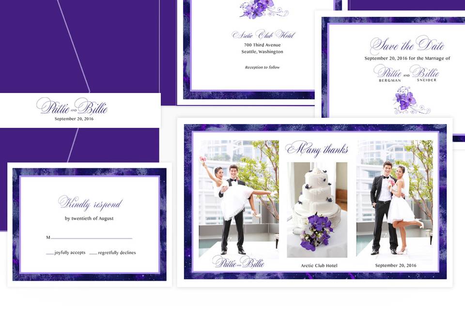 Modern and dynamic Purple Bliss wedding suite of contrasting deep purple and white colors with a flower/ornamental motif creates a strong and sophisticated look.