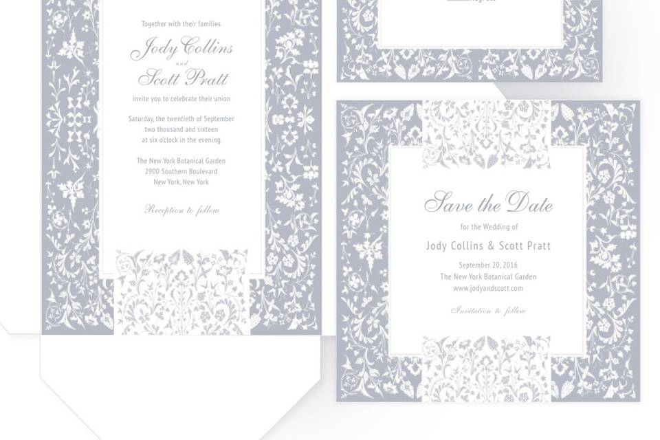 Silvery Ambiance Wedding Suite's elegant designs are printed on Laid Solar White cover textured stock. Pocket folder and complimentary matching envelopes are made of Metallic Crystal White (shimmer) paper stock. Personalized belly bands are included.