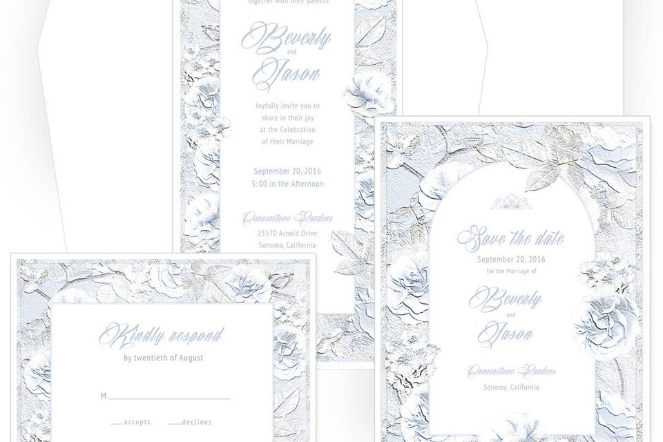 Artful Romance wedding suite incorporates painted florals and arch motif, printed on Crest Solar White cover stock. Pocket-folder and complimentary matching envelopes are made of Crystal White (shimmer) stock.