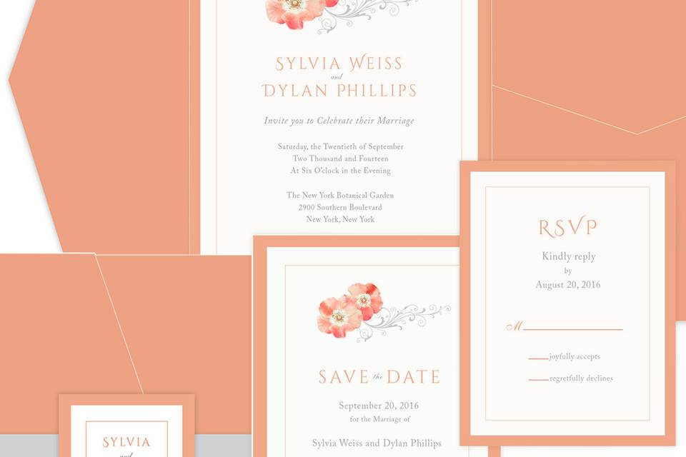 Orange rose wedding suite's faded orange tones and painted flower ornamental motif symbolize the bountiful unity of the couple.