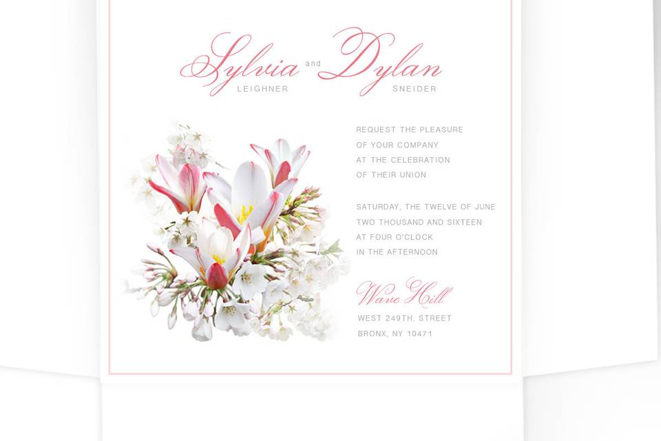 Square blooming pink wedding invitation. Comes with pocket-folder or envelope, both made of Crest Solar White cover stock.