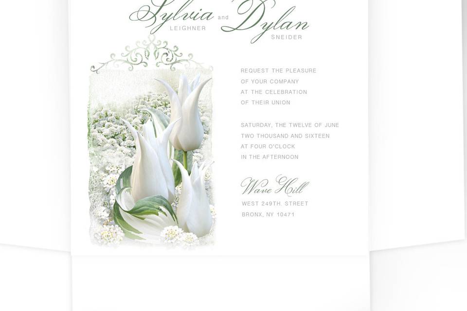 Square white tulips wedding invitation. Comes with pocket-folder or envelope, both made of Crest Solar White cover stock.