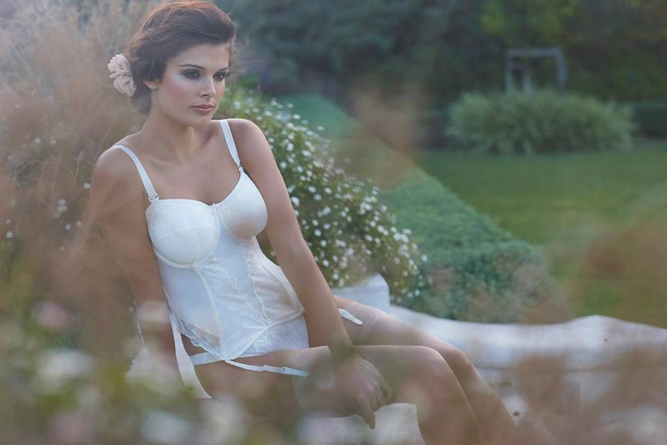 Panche bridal corset with matching bottoms are a perfect for a bride with a full bust who wants the lift and the comfort.