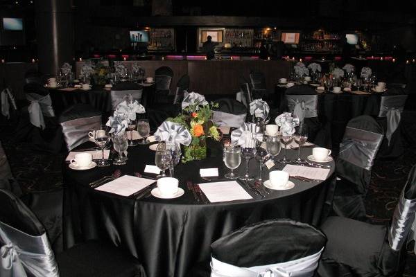 Elegant black table linens and chair covers