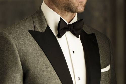 New for 2014 is the Grey Tuxedo available in your choice of styles. Shown here with a grosgrain peak lapel, bowtie and silk pocket square