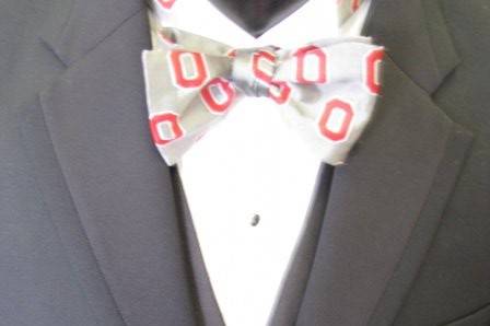 Smooth grey tuxedo with patterned bowtie